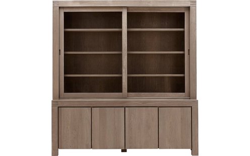 Goossens Buffetkast Clear, 2 glasdeuren boven, 4 dichte deuren onder, blank eiken, 210 x 225 x 45 cm, stijlvol landelijk