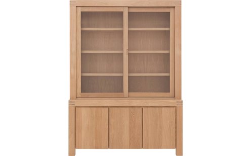 Goossens Buffetkast Clear, 2 glasdeuren boven, 3 dichte deuren onder, blank eiken, 162 x 225 x 45 cm, stijlvol landelijk