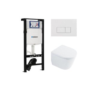QeramiQ Dely Toiletset - 36.3x51.7cm - diepspoel - rimless - Inbouwreservoir met Geberit UP320 spoelmechanisme - softclose toilet zitting 35 mm - glans witte bedieningsplaat - rechthoekige knoppen - wit glans SW1026255 / SW1159505/SW1381697/SW706187