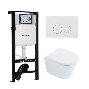 QeramiQ Dely Toiletset - 36.3x51.7cm - diepspoel - rimless - Inbouwreservoir met Geberit UP320 spoelmechanisme - softclose toilet zitting 35 mm - glans witte bedieningsplaat - ronde knoppen - mat wit SW1026254/SW1000767/SW1381697/SW706186