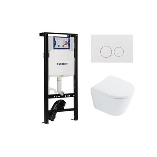 QeramiQ Dely Toiletset - 36.3x51.7cm - diepspoel - rimless - Inbouwreservoir met Geberit UP320 spoelmechanisme - softclose toilet zitting 35 mm - glans witte bedieningsplaat - ronde knoppen - wit glans SW1026255 / SW1159505/SW1381697/SW706186