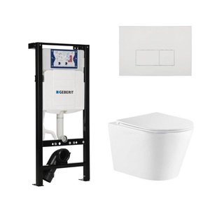 QeramiQ Dely Toiletset - 36.3x51.7cm - diepspoel - rimless - Inbouwreservoir met Geberit UP320 spoelmechanisme - softclose toiletzitting - glans witte bedieningsplaat - rechthoekige knoppen - wit mat SW1026254/SW1381697/SW706187/SW1000766