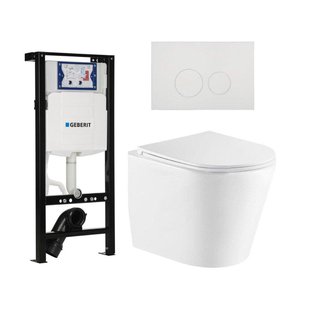 QeramiQ Dely Toiletset - 36.3x51.7cm - diepspoel - rimless - Inbouwreservoir met Geberit UP320 spoelmechanisme - softclose toiletzitting - glans witte bedieningsplaat - ronde knoppen - wit glans SW1026255/SW1381697/SW706186/SW1159504
