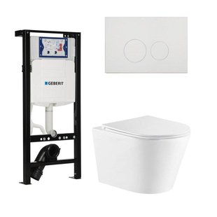 QeramiQ Dely Toiletset - 36.3x51.7cm - diepspoel - rimless - Inbouwreservoir met Geberit UP320 spoelmechanisme - softclose toiletzitting - glans witte bedieningsplaat - ronde knoppen - wit mat SW1000766/SW1381697/SW706186/SW1026254