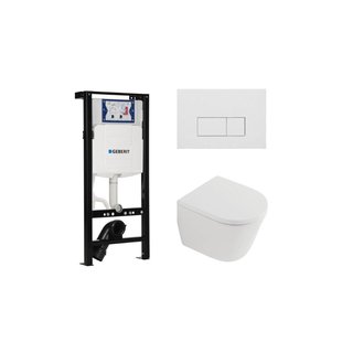 QeramiQ Dely Toiletset - 36.3x51.7cm - diepspoel - rimless - Inbouwreservoir met Geberit UP320 spoelmechanisme - softclose toilet zitting 35 mm - mat witte bedieningsplaat - rechthoekige knoppen - mat wit SW1026255/SW1159505/SW1381697/SW706191