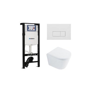 QeramiQ Dely Toiletset - 36.3x51.7cm - diepspoel - rimless - Inbouwreservoir met Geberit UP320 spoelmechanisme - softclose toilet zitting 35 mm - mat witte bedieningsplaat - rechthoekige knoppen - wit glans SW1026255 / SW1159505/SW1381697/SW706191