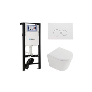 QeramiQ Dely Toiletset - 36.3x51.7cm - diepspoel - rimless - Inbouwreservoir met Geberit UP320 spoelmechanisme - softclose toilet zitting 35 mm - mat witte bedieningsplaat - ronde knoppen - mat wit SW1026254/SW1000767/SW1381697/SW706190