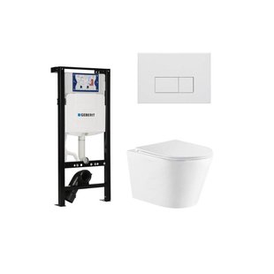 QeramiQ Dely Toiletset - 36.3x51.7cm - diepspoel - rimless - Inbouwreservoir met Geberit UP320 spoelmechanisme - softclose toiletzitting - mat witte bedieningsplaat - rechtehoekige knoppen - wit glans SW1026255/SW1381697/SW706191/SW1159504