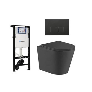 QeramiQ Dely Toiletset - 36.3x51.7cm - diepspoel - rimless - Inbouwreservoir met Geberit UP320 spoelmechanisme - softclose toiletzitting - mat zwarte bedieningsplaat - rechtehoekige knoppen - zwart mat SW1026253/SW1381697/SW706189/SW1000768