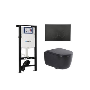 QeramiQ Dely Swirl Toiletset - 36.3x51.7cm - Inbouwreservoir met Geberit UP320 spoelmechanisme - 35mm zitting - mat zwarte metalen bedieningsplaat - ronde knoppen - mat zwart SW1381697/SW706192/SW1000769/SW1026258