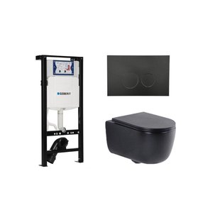 QeramiQ Dely Swirl Toiletset - 36.3x51.7cm - Inbouwreservoir met Geberit UP320 spoelmechanisme - slim zitting - mat zwarte bedieningsplaat - ronde knoppen - mat zwart SW1381697/SW706188/SW1000768/SW1026258
