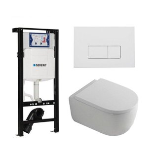 QeramiQ Dely Swirl Toiletset - 36.3x51.7cm - Inbouwreservoir met Geberit UP320 spoelmechanisme - 35mm zitting - mat witte metalen bedieningsplaat - rechthoekige knoppen - wit glans SW1381697/SW706191/SW1000767/SW1026256