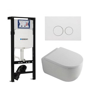 QeramiQ Dely Swirl Toiletset - 36.3x51.7cm - Inbouwreservoir met Geberit UP320 spoelmechanisme - 35mm zitting - mat witte metalen bedieningsplaat - ronde knoppen - wit glans SW1381697/SW706190/SW1000767/SW1026256
