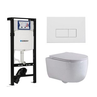 QeramiQ Dely Swirl Toiletset - 36.3x51.7cm - Inbouwreservoir met Geberit UP320 spoelmechanisme - slim zitting - mat witte metalen bedieningsplaat - rechthoekige knoppen - wit glans SW1381697/SW706191/SW1000766/SW1026256