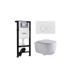 QeramiQ Dely Swirl Toiletset - 36.3x51.7cm - Inbouwreservoir met Geberit UP320 spoelmechanisme - slim zitting - glans witte bedieningsplaat - ronde knoppen - wit glans SW1381697/SW706186/SW1000766/SW1026256
