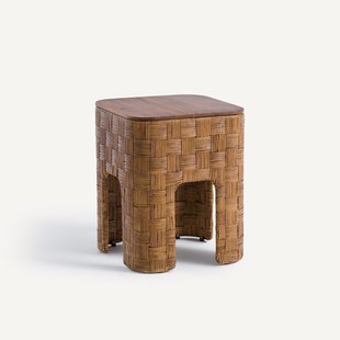 Nachtkastje van massief teakhout en gevlochten rotan, Dhalia