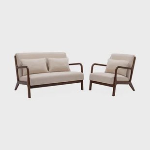 sweeek - 2-zitsbank + beige stoffen fauteuil, licht walnoot gebeitst