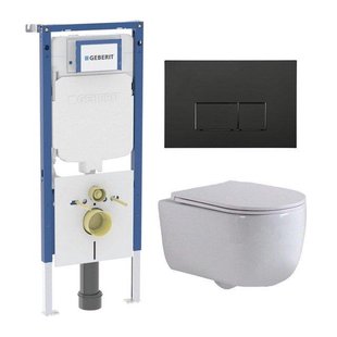 QeramiQ Dely Swirl Toiletset - 36.3x51.7cm - Geberit UP720 Duofix Sigma inbouwreservoir - slim zitting - mat zwarte bedieningsplaat - rechthoekige knoppen - wit glans SW1000766/Sw1026256/SW1237202/SW706189