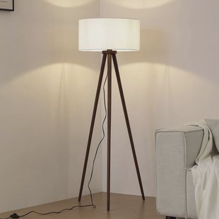 Lindby vloerlamp Charlia, wit, walnotenhout, hoogte 150 cm
