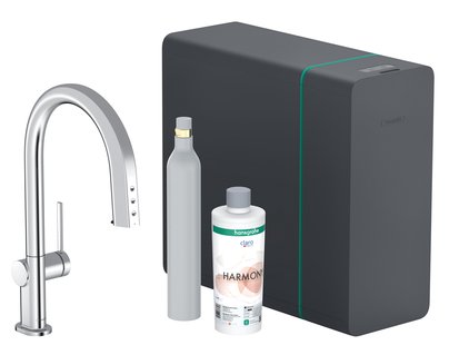 Hansgrohe Aqittura M91 SodaSystem 210, uittrekbare uitloop, 1jet, sBox, starter set, chroom