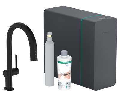 Hansgrohe Aqittura M91 SodaSystem 210, uittrekbare uitloop, 1jet, sBox, starter set, mat zwart