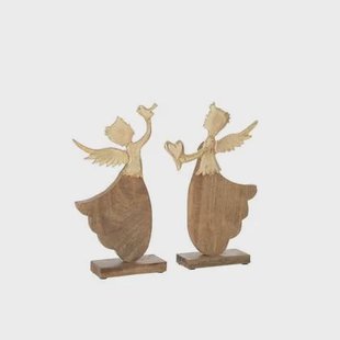 J-Line decoratie Engel Hart|Vogel Op Voet - hout|aluminium - goud - 2 stuks