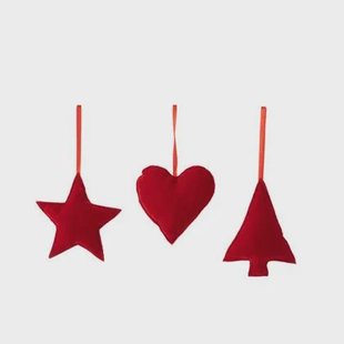 J-Line kersthanger Hart|Ster|Kerstboom - textiel - rood - 3 stuks