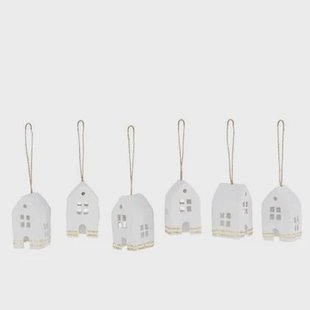 J-Line kersthanger Huis - katoen maché - wit|goud - doos van 7