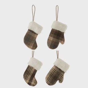 J-Line kersthanger Handschoen|Sok|Muts Geruit - textiel - bruin|beige - 4 stuks