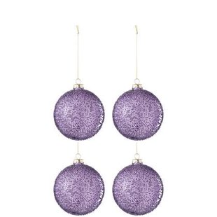 J-Line kerstbal Parels - glas - paars - small - doos van 4 stuks
