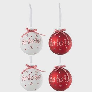 J-Line kerstbal Hoho - glas - rood|wit - large - doos van 4