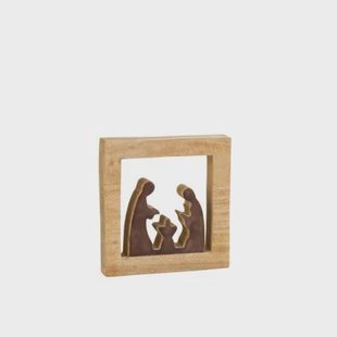 J-Line decoratie Kerststal Vierkant - hout - bruin|wit - large