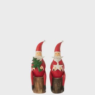 J-Line figuur Kerstman Boom Ster Op Voet - ijzer|hout - rood - 2 stuks