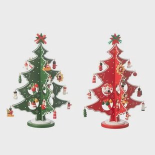 J-Line decoratie kerstboom + figuurtjes plooiend - hout - ro