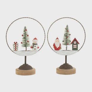 J-Line decoratie Cirkel Op Voet + Kerstman|Sneeuwman - hout|