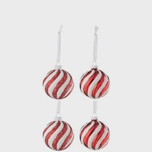 J-Line kerstbal Lijnen - glas - wit|rood - small - doos van