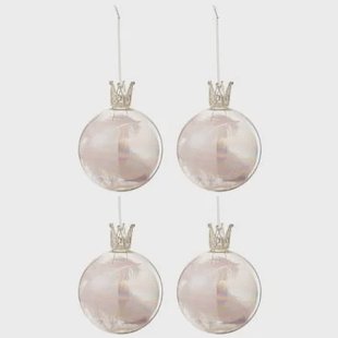 J-Line Kerstballen Kroon Pluim Roze Medium Set van 4
