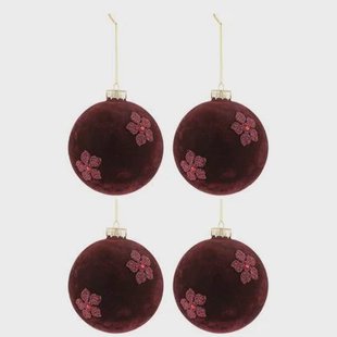 J-Line Kerstballen Bloemen Fluweel Bordeaux Large Set van 4