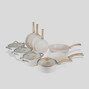 Pannenset 9-delig - Crème - PFAS-vrij - Inductie Geschikt  - Wit - Vaatwasser geschikt - Keramische Antiaanbaklaag