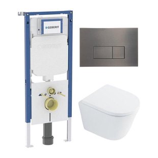 QeramiQ Dely Toiletset - 36.3x51.7cm - diepspoel - rimless - Geberit UP720 inbouwreservoir - softclose toilet zitting 35 mm - gunmetal bedieningsplaat - rechthoekige knoppen - wit glans SW1026255 / SW1159505/SW1237202/SW706199