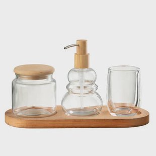 J-Line badkamerset - glas|hout - tansparant - 4 stuks