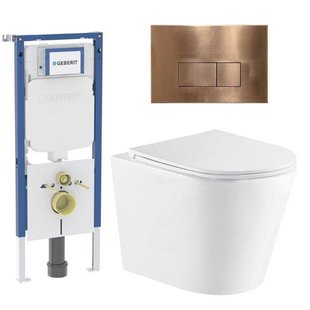 QeramiQ Dely Toiletset - 36.3x51.7cm - diepspoel - rimless - Geberit UP720 inbouwreservoir - softclose toiletzitting - koperen bedieningsplaat - rechtehoekige knoppen - wit glans SW1159504/SW1237202/SW1026255/SW706197