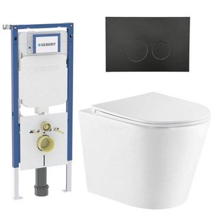 QeramiQ Dely Toiletset - 36.3x51.7cm - diepspoel - rimless - Geberit UP720 inbouwreservoir - softclose toiletzitting - mat zwarte bedieningsplaat - ronde knoppen - wit glans SW1159504/SW1237202/SW706188/SW1026255
