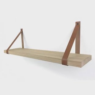 Woodbrothers Eiken wandplank massief recht 80x25cm + leren riem bruin