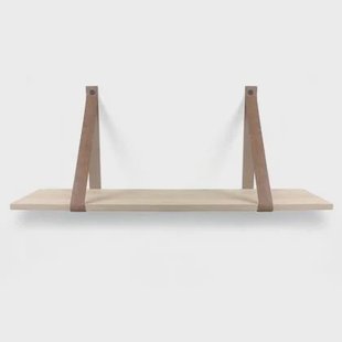 Woodbrothers Eiken 18mm wandplank recht 110x30cm + leren riem cognac