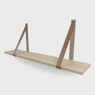 Woodbrothers Eiken 18mm wandplank recht 50x20cm + leren riem cognac