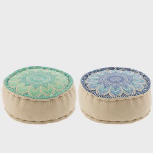 J-Line poef Rond Bloem - katoen - turquoise|blauw - 2 stuks
