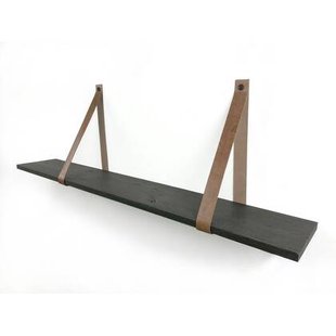 Woodbrothers 18mm wandplank recht zwart 75x20cm + leren riem cognac