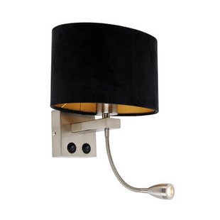 QAZQA Wandlamp staal met ovale velours kap zwart 25cm - Brescia Combi