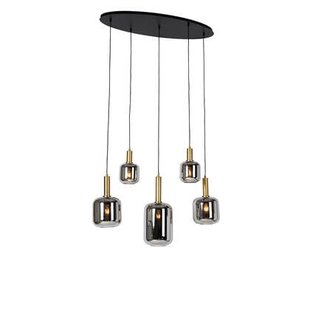 QAZQA Smart hanglamp zwart met goud en smoke glas ovaal 5-lichts